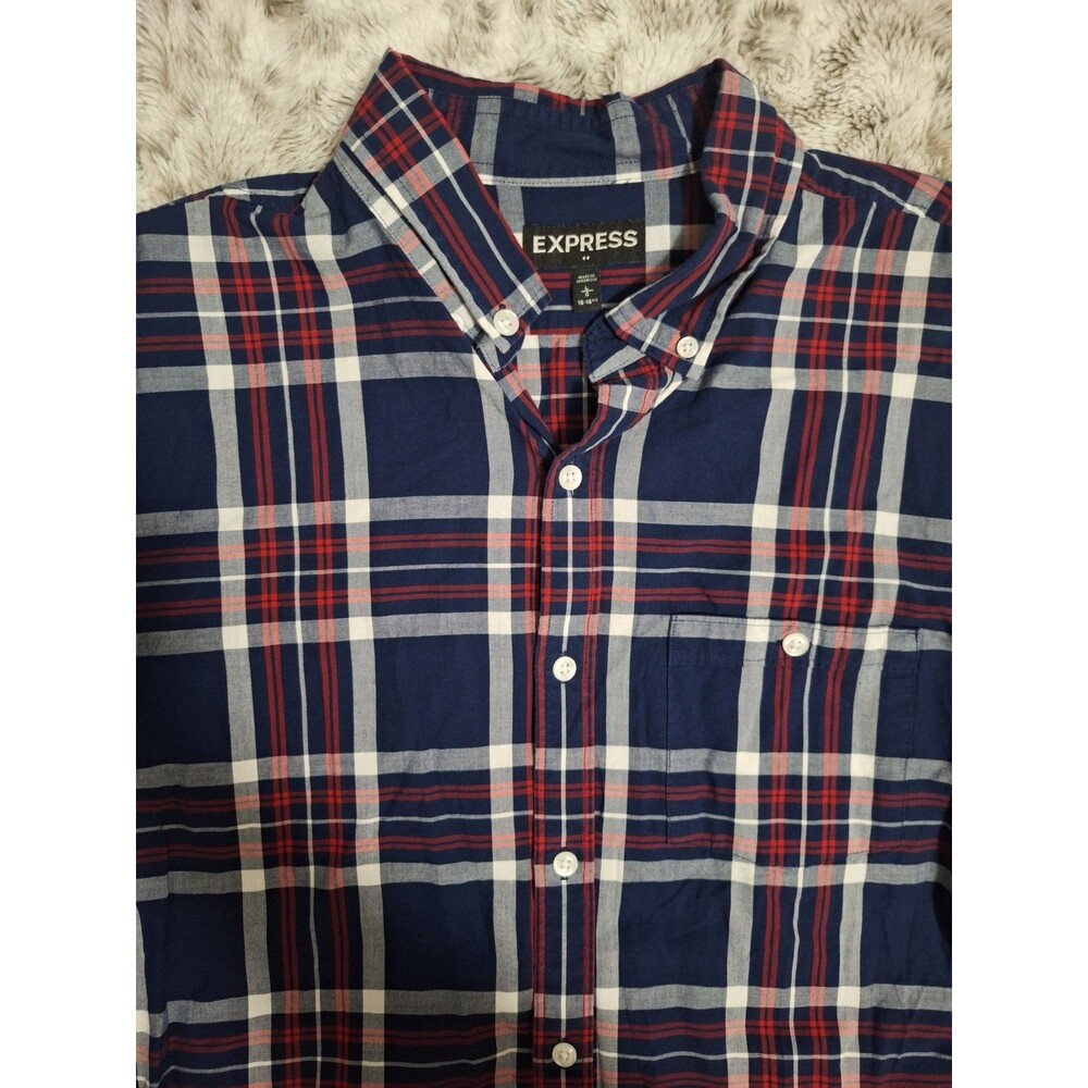 Express Men's Size Large Plaid Button Down Shirt Navy Blue Red White Long Sleeve